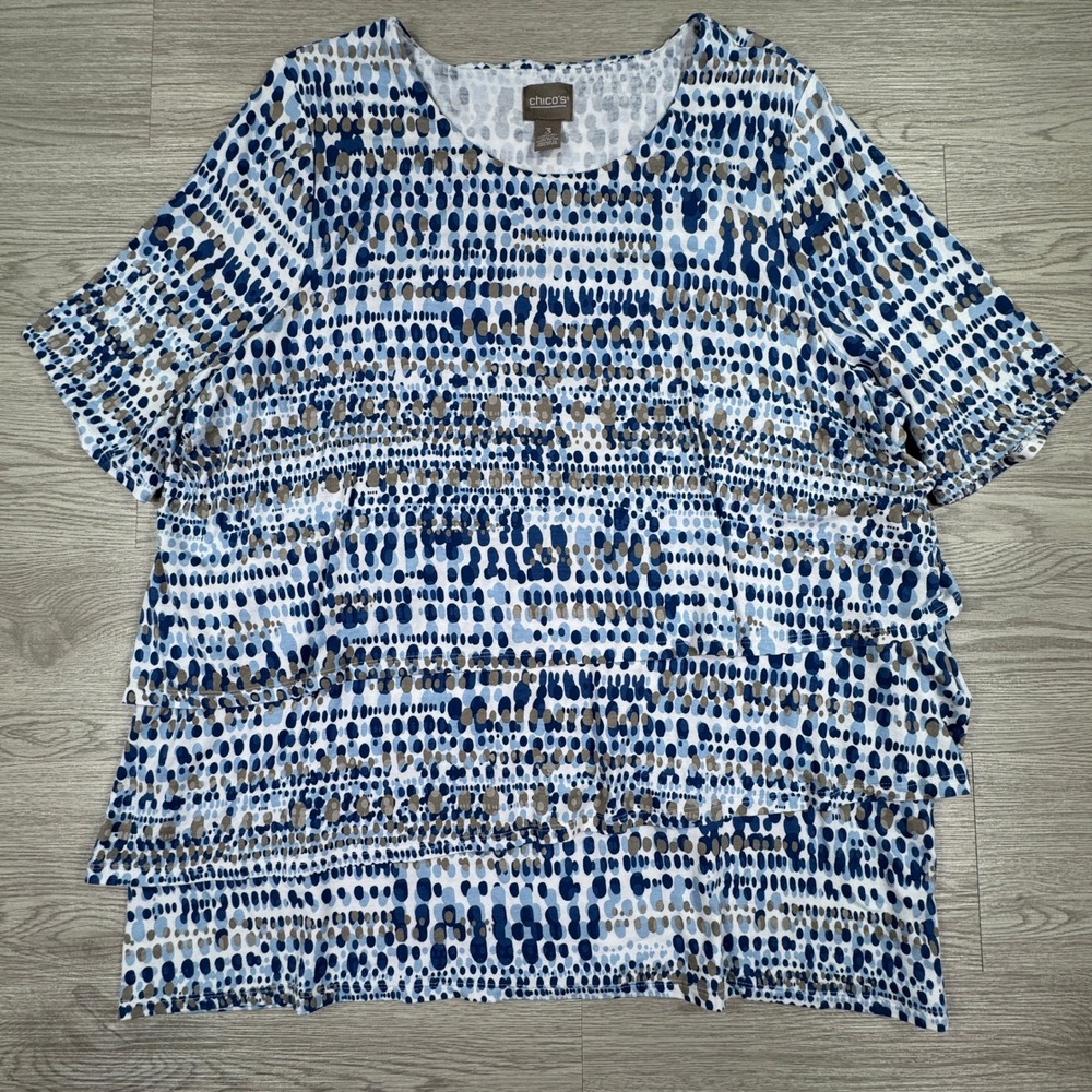 Chico's Women's Top‎ Blue Grey Dot Tiered Layer Short Sleeve Size 3 XL